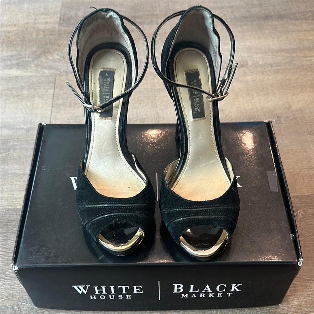 White House Black Market Black Peep-Toe Heels with Ankle Straps